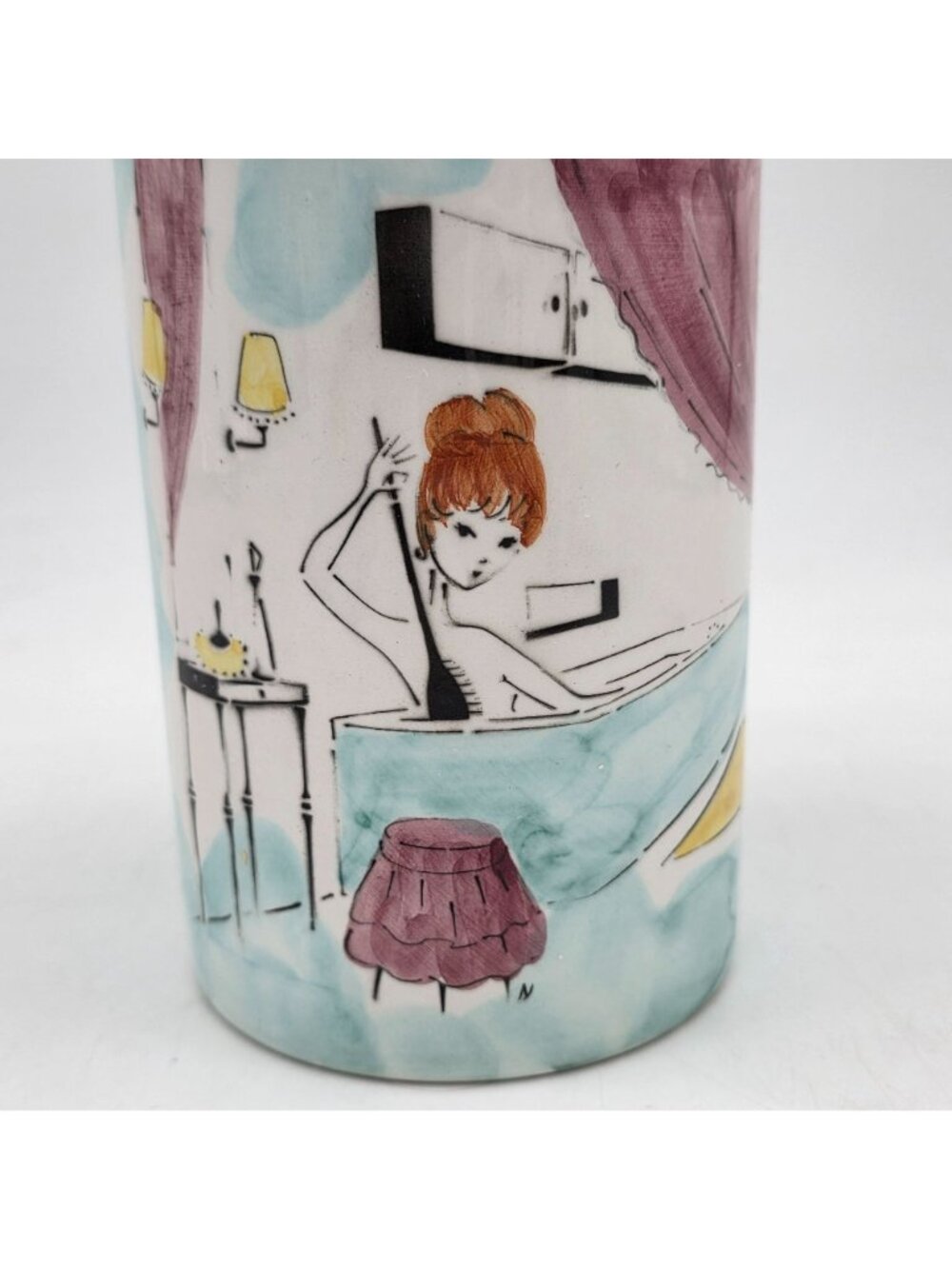 MCM Ceramica Di Milano Italy Hand-Painted Porcelain Canister Retro Bath Scene - Picture 2 of 14